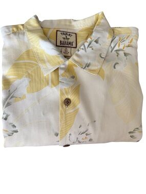 Tommy Bahama 100% Silk Button Front Shirt Sz XL Yellow Floral Hawaiian Cruise